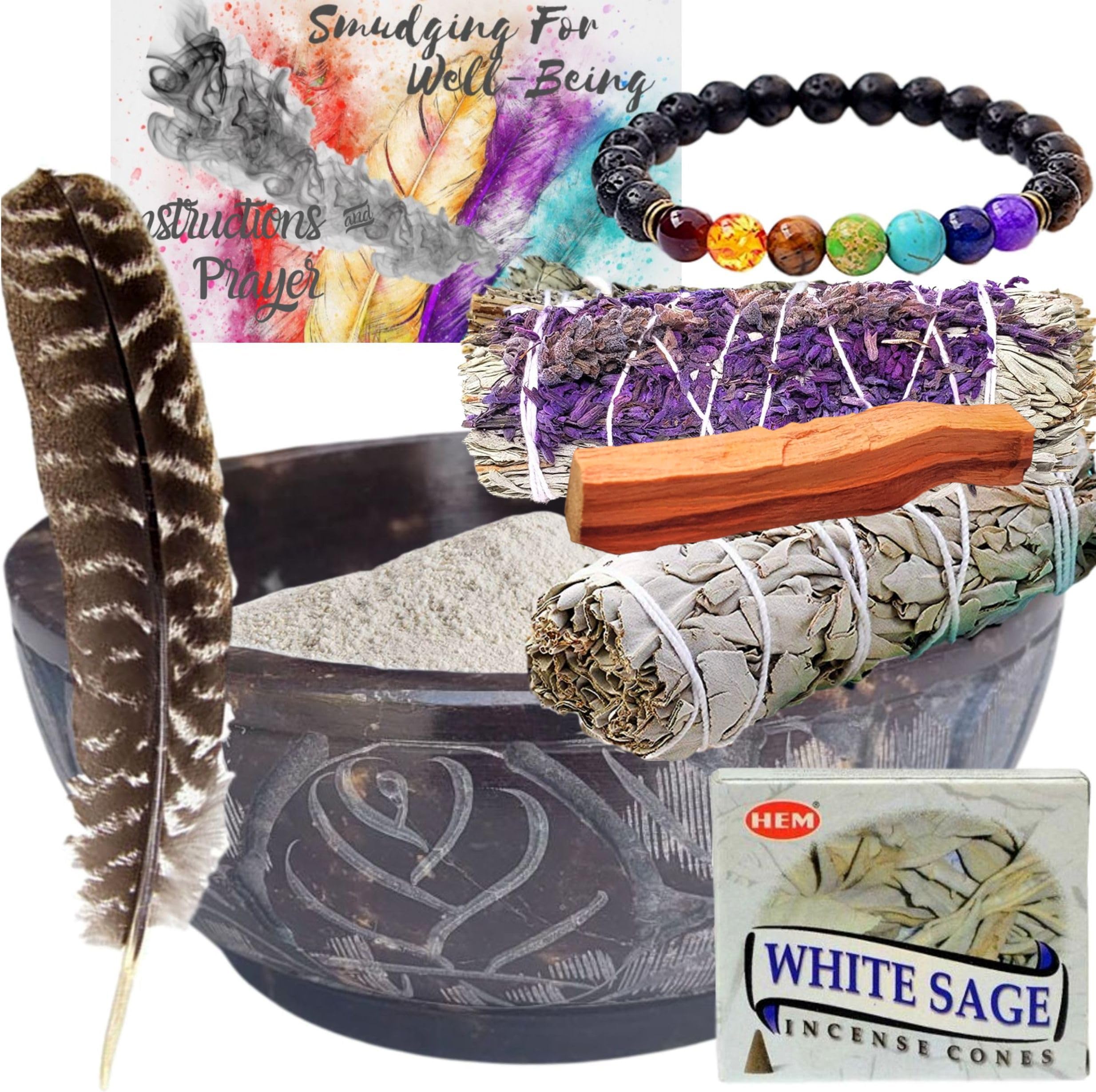 Soapstone Ultimate Incense Burner Smudge Bowl 8 Pc Sage Smudge Kit Altar Set: White and Blue Sage, Diffuser Bracelet, Feather, Sand, Incense Cones, Smudging, Scrying, Cleansing (Sage Ultimate Kit)