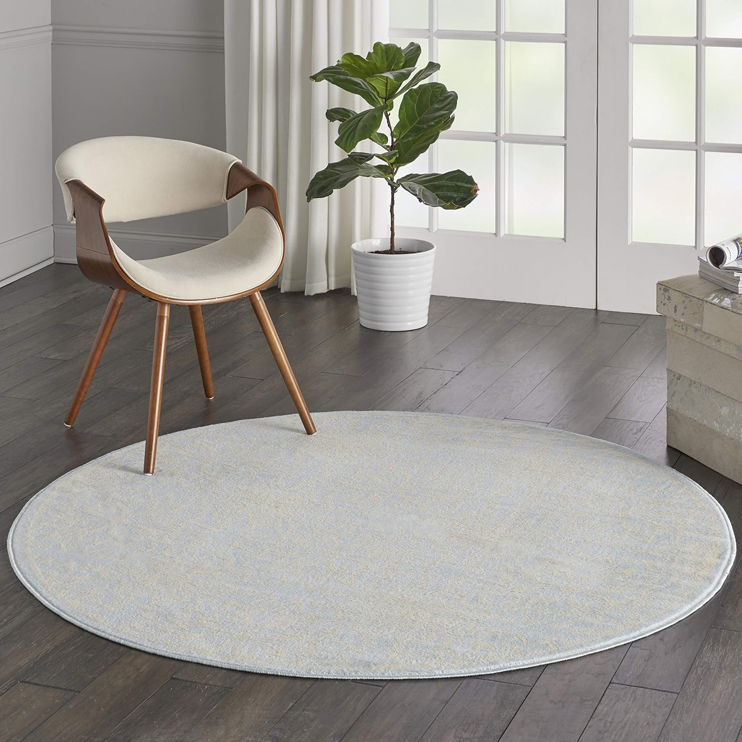 Nourison Home Jubilant Floral Ivory/Light Blue 5'3'' x Round Area-Rug, Easy-Cleaning, Non Shedding, Bed Room, Living Room, Dining Room, Kitchen (5 Round)