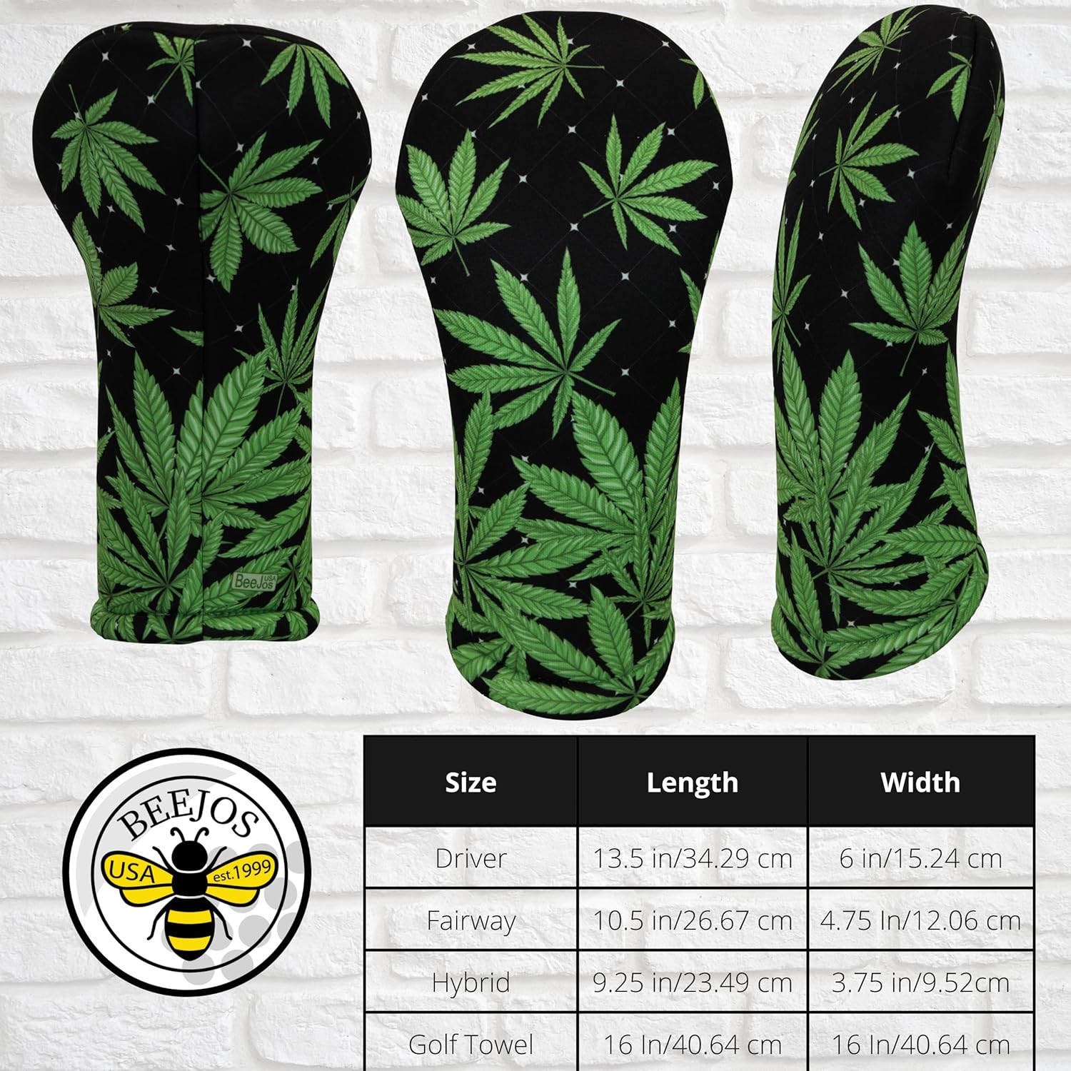 Black Marijuana Leaf | Golf Club Headcover | Driver Fairway Hybrid-Sold Separately | Handmade in USA by BeeJos