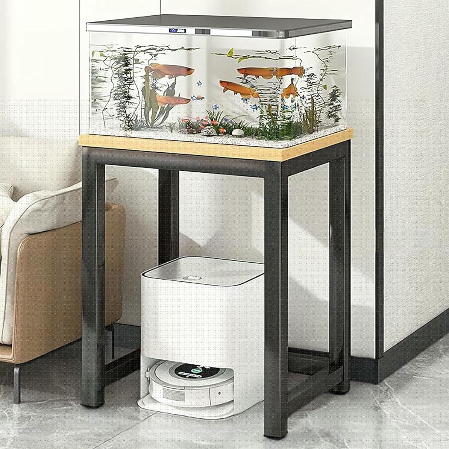 Storage Rack Above The Sweeping Robot,Robot Vacuum Stand Cabinet,Entryway Hallway Double-Tier Robot Vacuum Cleaner Shelf,Steel Frame with Wooden Top