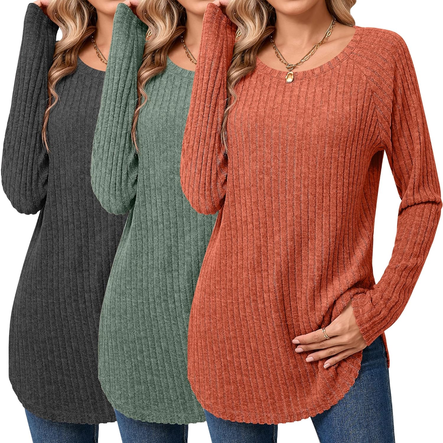 Ficerd 3 Pack Womens Curved Hem Long Sleeve Sweaters Side Split Crew Neck Tunic Tops Loose Fit Shirts