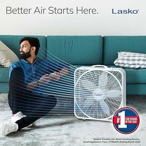 Vista 2 de Lasko Weather-Shield Performance Box Fan, 3 Speeds, Innovative Wind Ring System for Up to 30% More Air, Carry Handle for Bedroom, Office, Home, 20