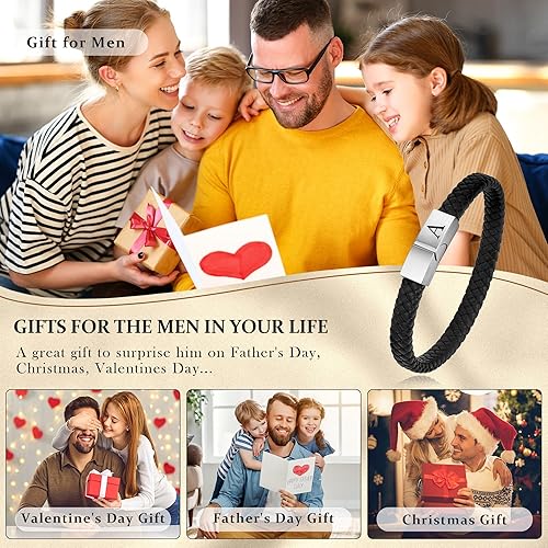 Miniatura 3 de Pulsera de cuero para hombre, regalos de Navidad, cuero de alta calidad, cierre magnético ajustable, pulsera con inicial significativa para hombres,