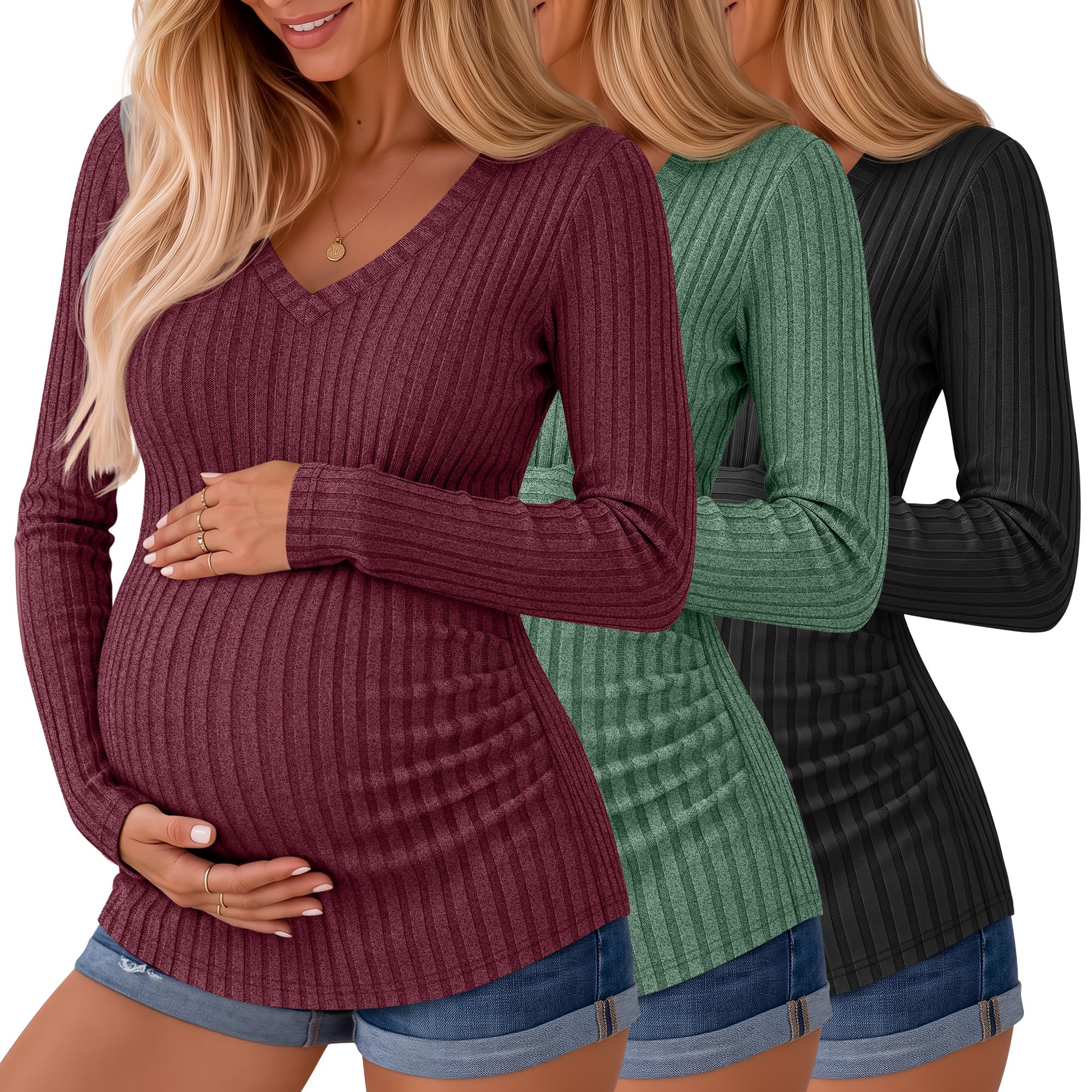 Ficerd 3 Pack Women Maternity Ribbed Long Sleeve Sweater Shirts