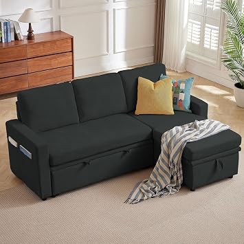 Sleeper Sofa, 78" Sectional Sofa Bed, 2 in 1 Pull Out Couch Bed with Storage Chaise and Side Pockets, L Shaped Sleeper Couch for Living Room, Black