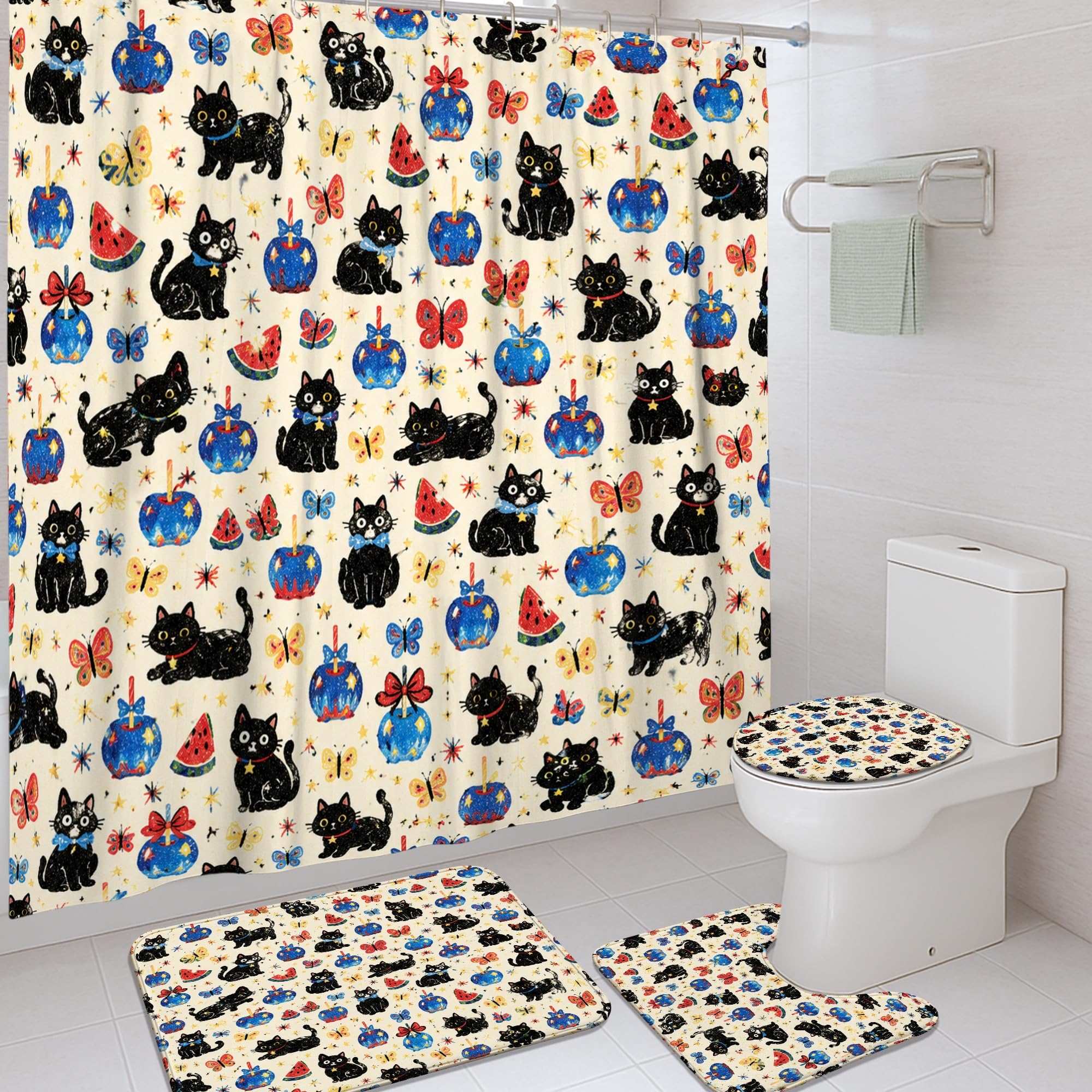 Rideau de douche chat et papillon Halloween noir lavable 183x183 cm avec crochets pour salle de bain