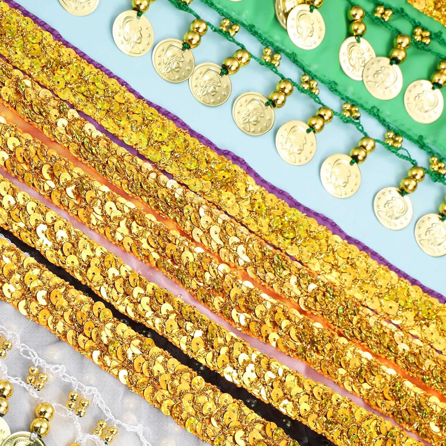 Zhanmai 12 Pcs Belly Dance Hip Scarf Belt with 98 Coins Belly Dancing Skirt Chiffon 12 Colors Dancer Hip Scarves - Image 7