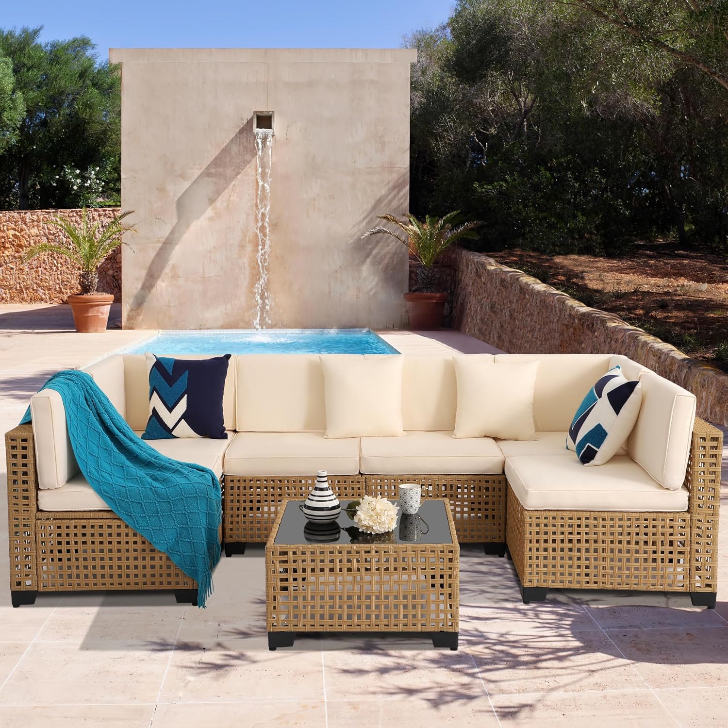 KIGOTY 7-Piece Patio Furniture Set, All-Weather PE Rattan Outdoor Sectional Sofa, Modular Wicker Conversation Set with Thick Cushions & Easy-Clean Coffee Table（Yellow/White）