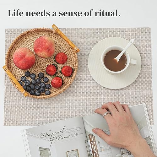 Miniatura 7 de Juego de 12 manteles individuales beige y blanco, resistentes al calor, antideslizantes, para mesa de comedor, lavables, duraderos, tejido de vinilo