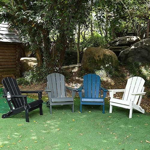 Miniatura 7 de Silla Adirondack plegable con soporte para tazas, silla de exterior de HDPE resistente a la intemperie, silla de césped de grano de madera para