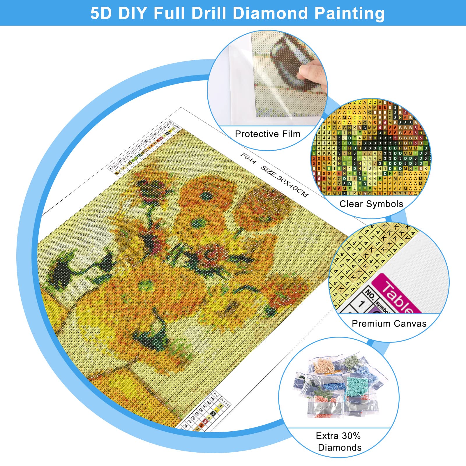 Diamond Painting kit Completo, Girasole Pittura Diamante per Adulti Bambini Fai Da Te Diamond Painting Kit 5D Full Pittura Mosaico Con Diamantini per Casa E Pareti Decorazione-Round drill,30x40cm