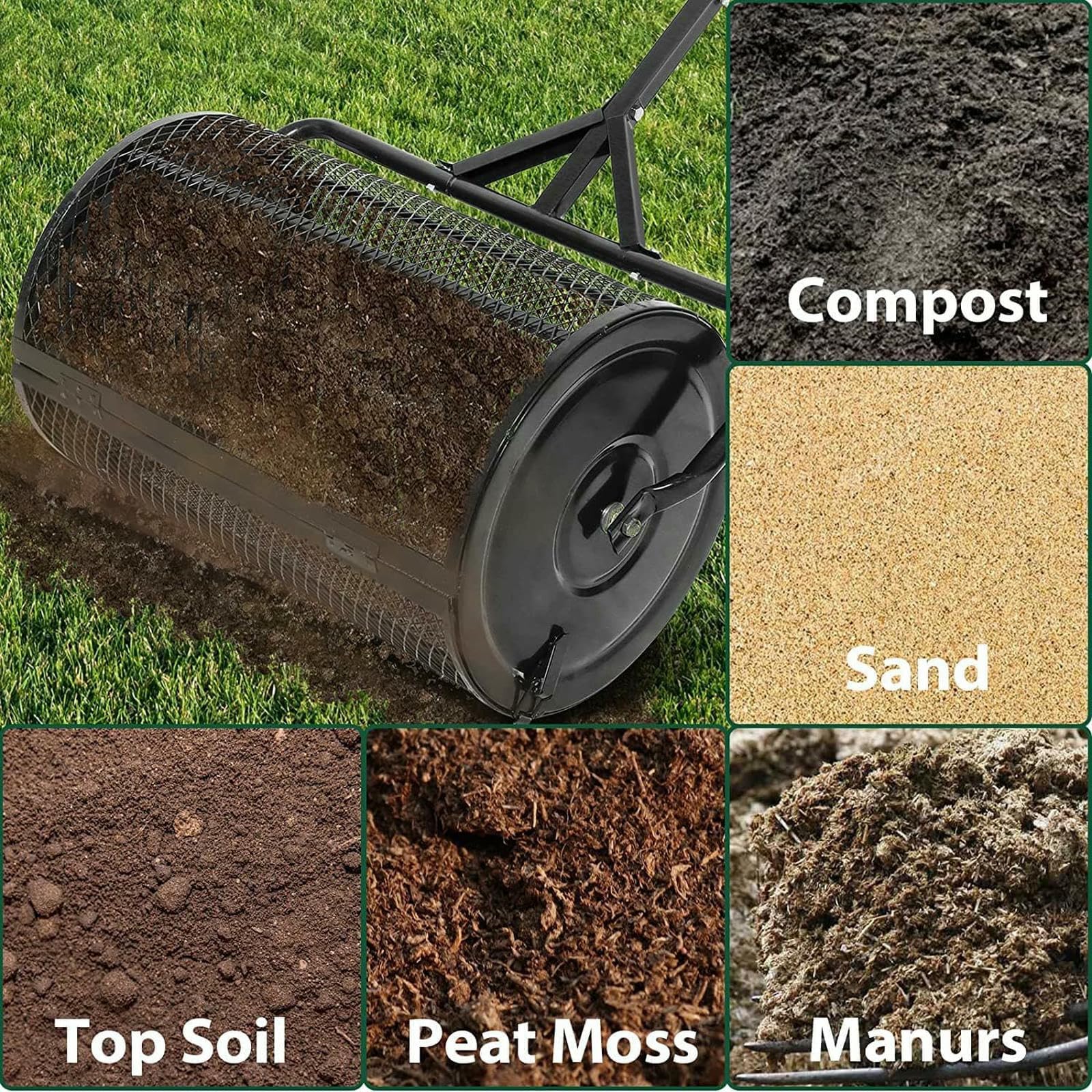 Distribuidor de Compost, Distribuidor de turba, Distribuidor de estiércol Ligero de Malla metálica, Rodillo esparcidor de estiércol para césped y jardín