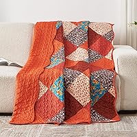 Qucover Burnt Orange Patchwork Quilted Throw Blanket 59x79in - Lightweight Microfiber Twin Bedspread for Sofa Couch Fall Decor