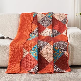 Qucover Burnt Orange Patchwork Quilted Throw Blanket 59x79in - Lightweight Microfiber Twin Bedspread for Sofa Couch Fall Decor