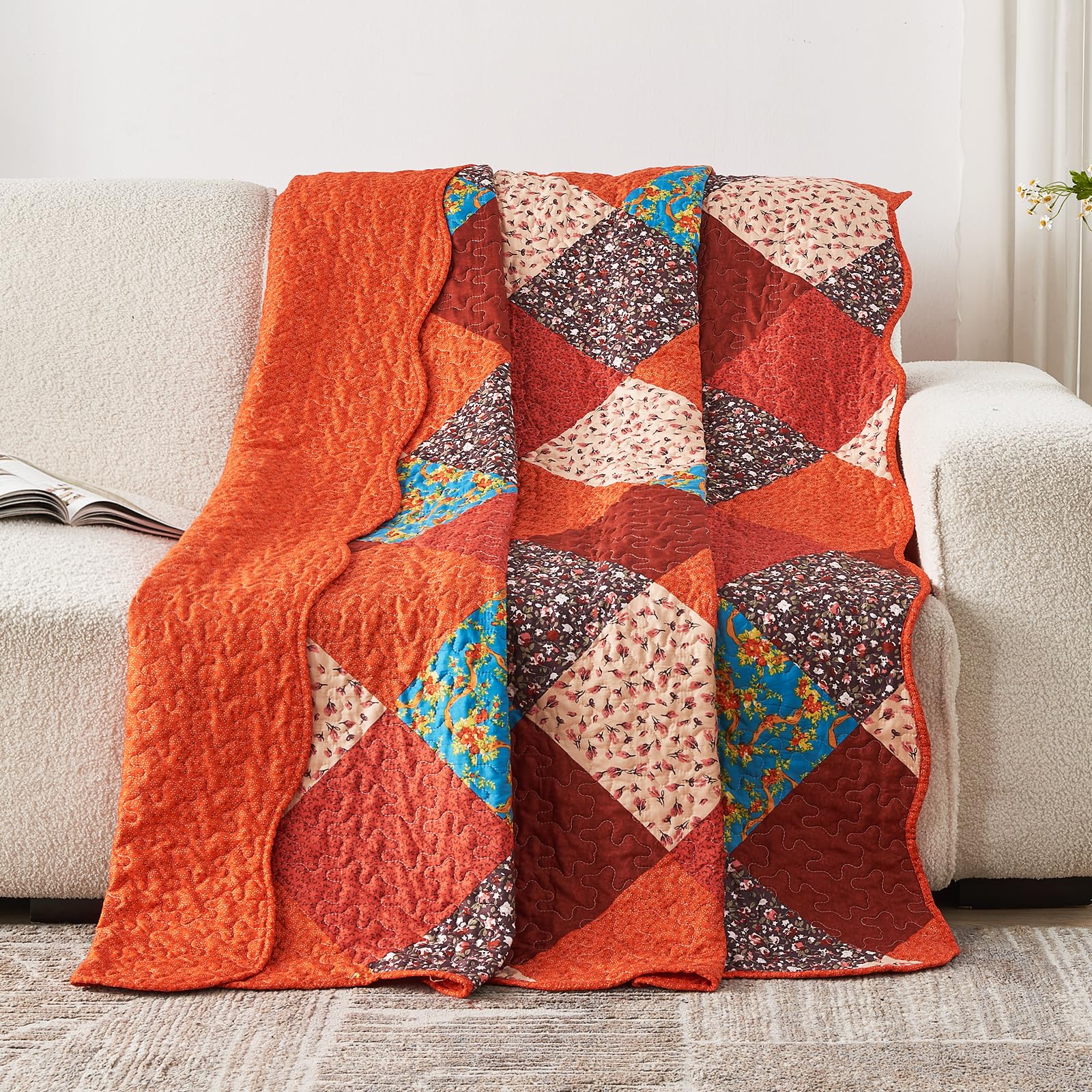 Stylo Culture Copridivano Rotondo In Cotone Vintage 55x55 Cm | Ricamato A Patchwork Khambadiya, Colore Arancio | Fodera Per Pouf Fai Da Te (Senza Imbottitura)