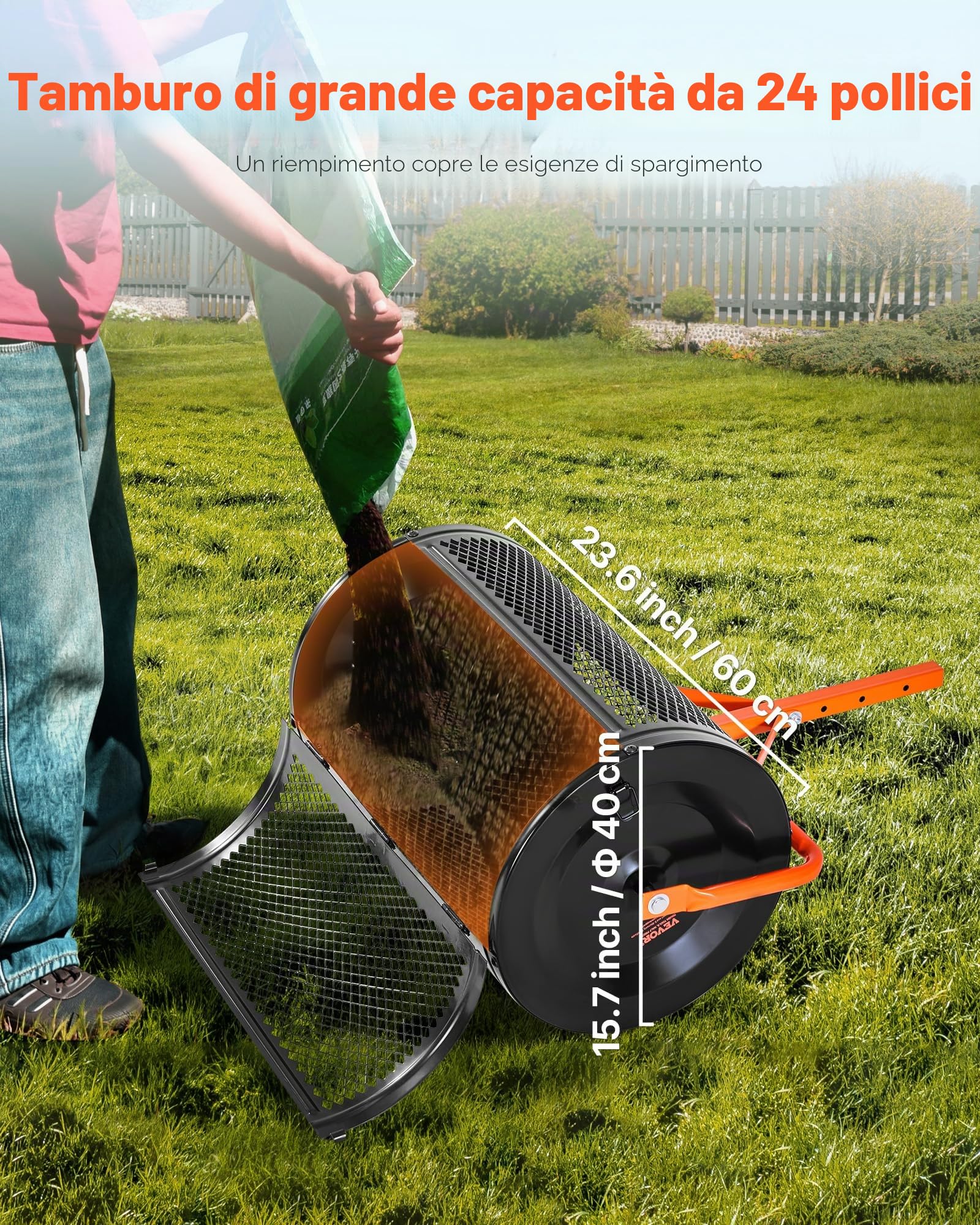 VEVOR Spandiconcime a Rullo, Spandiconcime per Torba 67 x 41 cm con Manico a T, Rullo per Torba da Giardino in Acciaio Verniciato Regolabile in 3 Altezze, per Semi di Erba per Piantare e Seminare