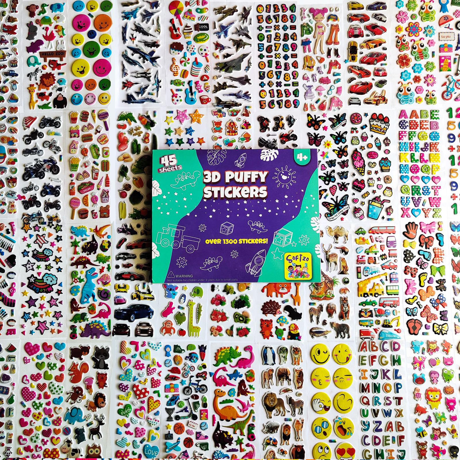 3D Stickers for Children - 45 Puffy Sheets with 1300+ Kids Sticker - Perfect for Party Bag Fillers, Scrapbooking, Fun with Stickers of Cars, Letters, Numbers, Dinosaur, Stars, Alphabet & More