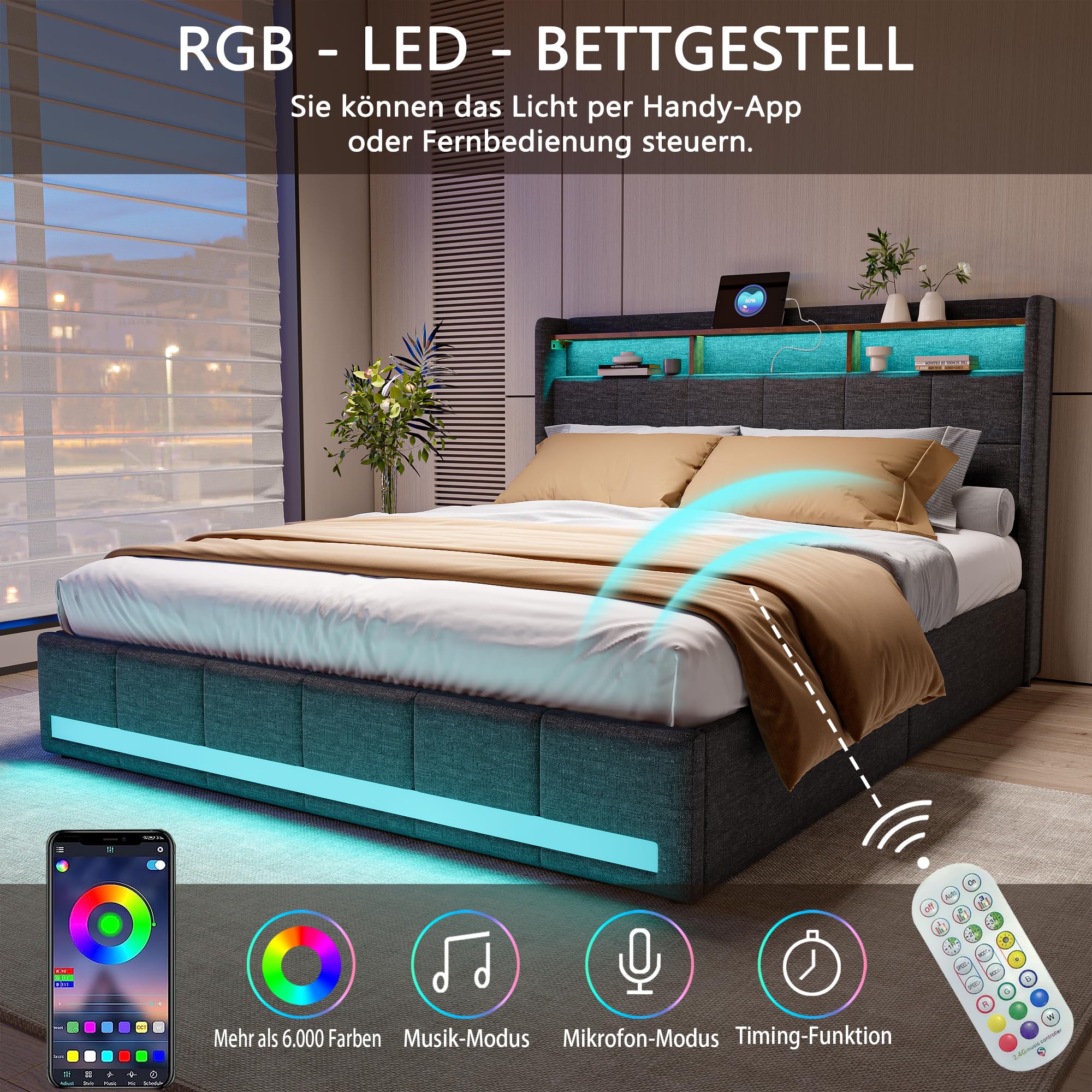Boxspringbett 140x200 mit Lattenrost，Stilvolles Polsterbett mit Stauraum, 4 Schubladen, Individueller LED-Beleuchtung, USB und Typ-C-Anschlüssen, Modernes Graues Design für optimalen Komfort