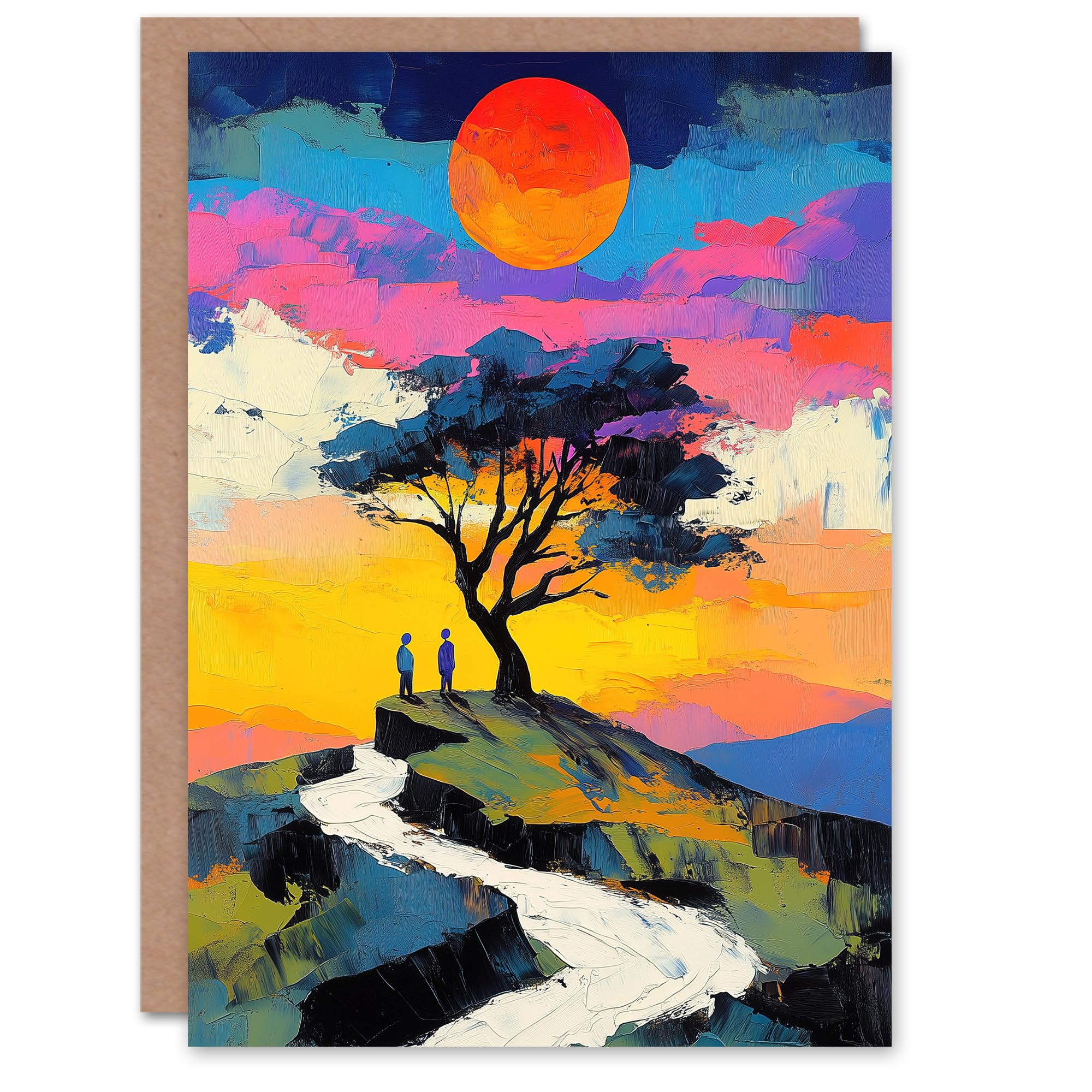 Artery8 Greeting Card Couple Watching Sunset Hilltop Colourful Romantic Blank For Him Or Her Art Valentine's Day Card