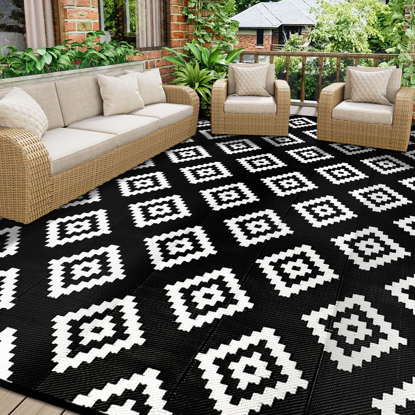 Homcomodar Outdoor Rug 245 x 305 cm Patio Rug Plastic Straw Rug UV-Resistant Camping Mat Reversible Mat Outdoor Rug for Patio Clearance Picnic Deck (Black)
