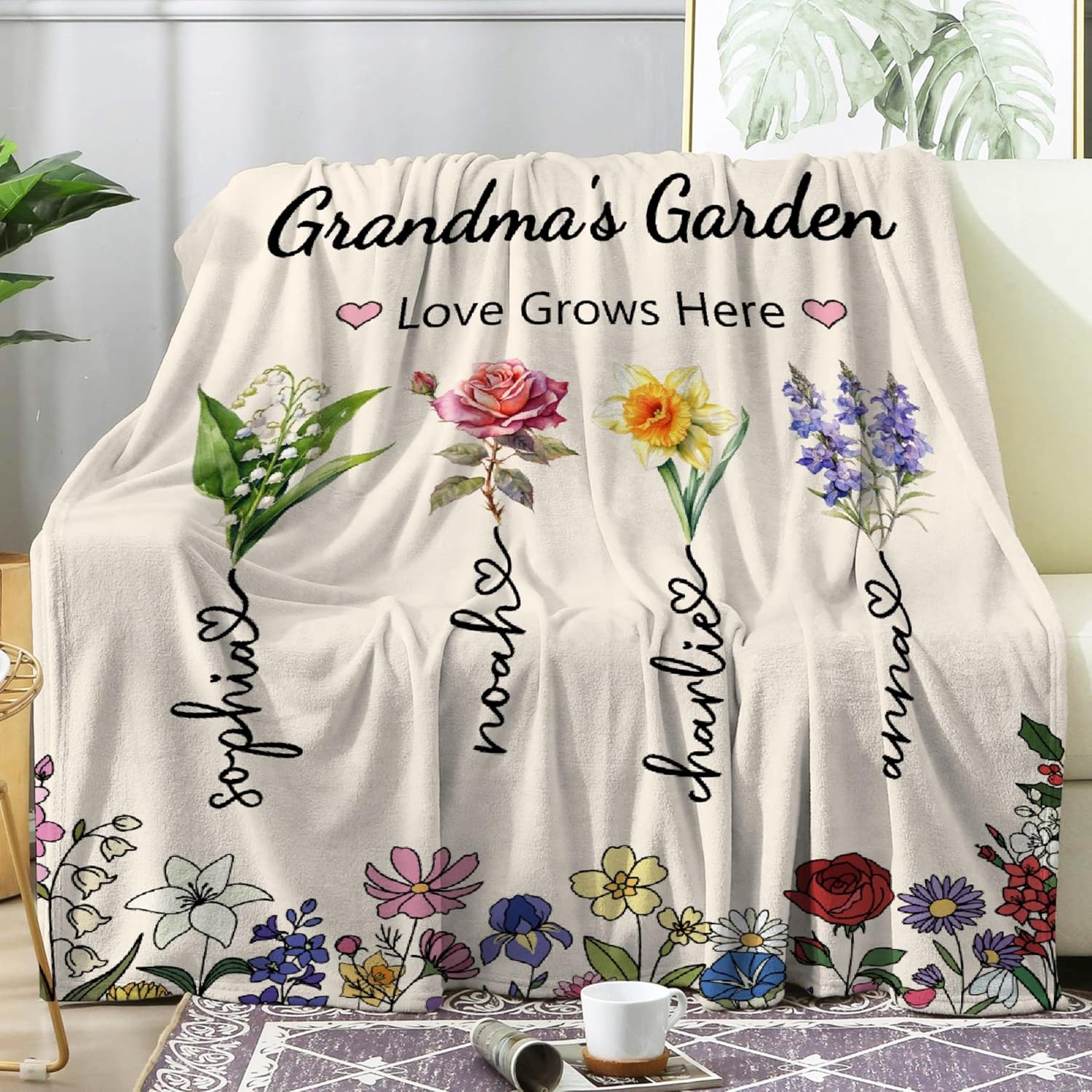 Custom Grandma's Garden Blanket, Personalized Birth Month Flower Throw Blanket, Custom Gift for Mom, Grandma, Lightweight Flannel Fleece Mom's Garden Blanket with Grandkids 90x120In