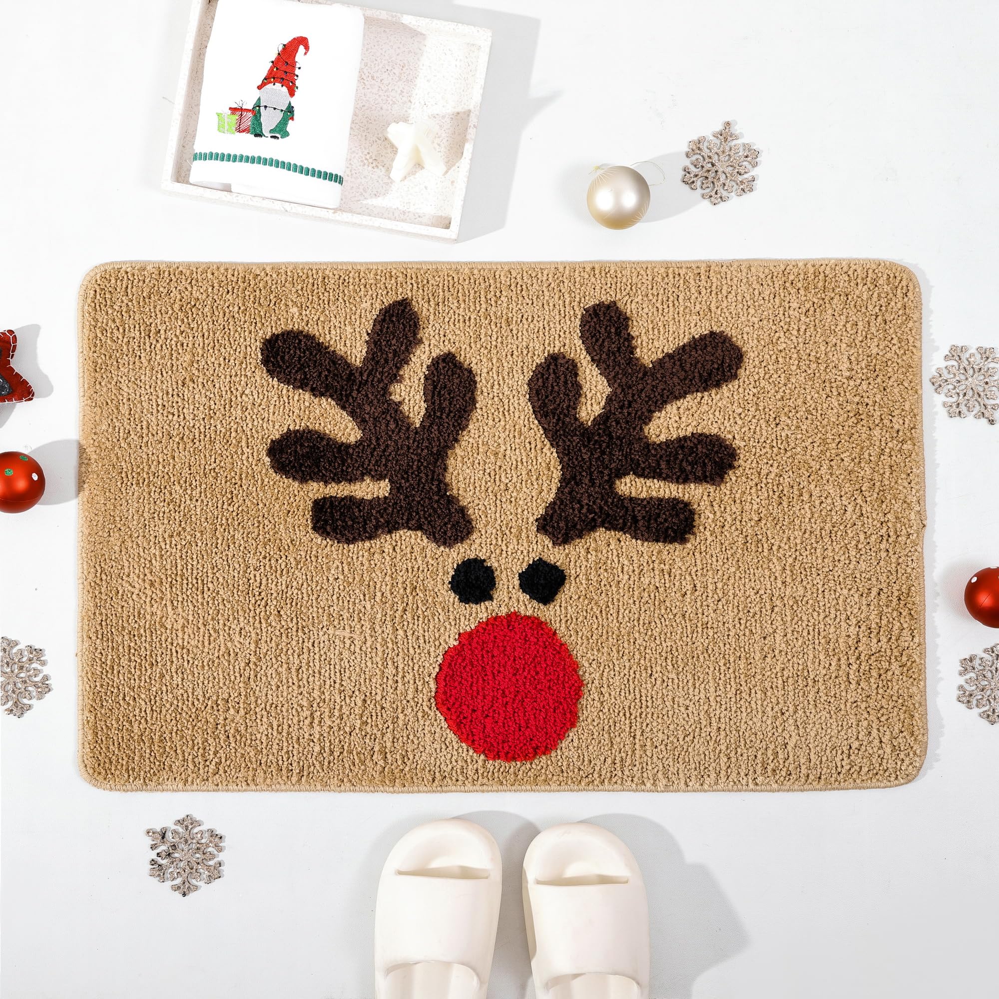 TRUEDAYS Bathroom Rugs Brown Christmas Rug with Reindeer Cute Bath Mat Xmas Elk Washable Kitchen Rugs for Living