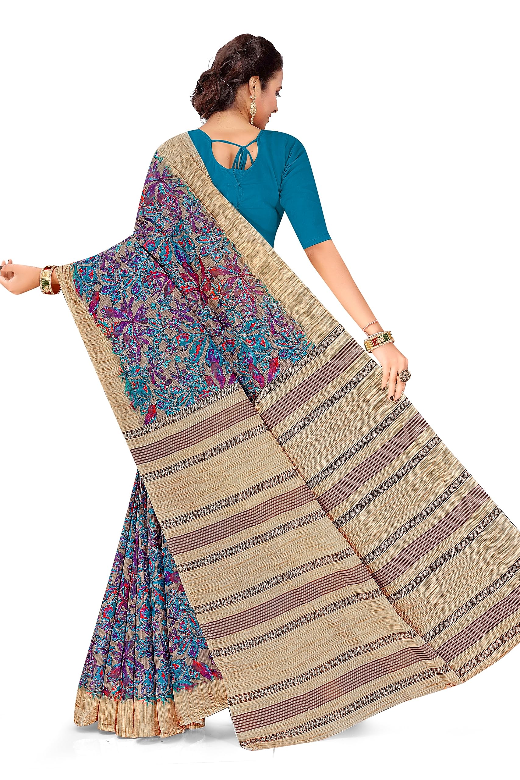 Tamaira Fashion Women's Autumn Leaf Print Pure Cotton Saree Without Blouse Piece(11184_Grey)