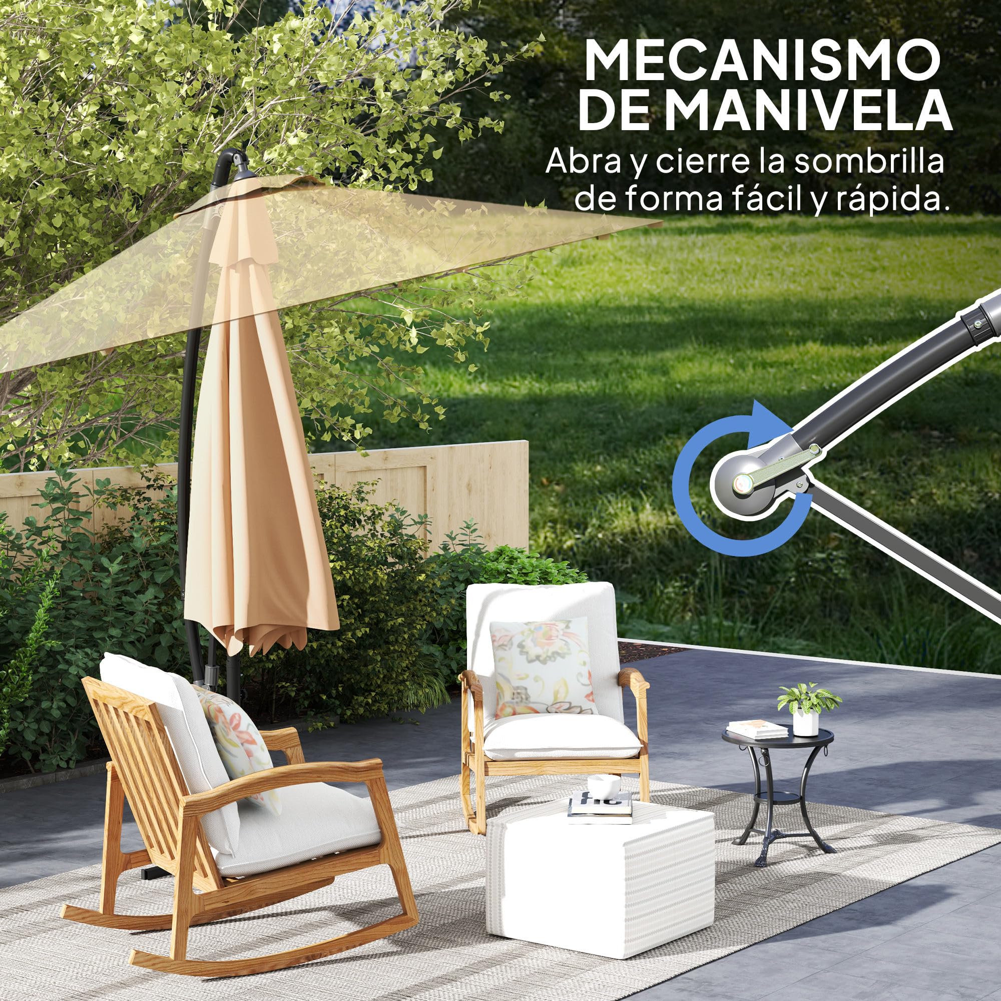 Outsunny Parasol Excéntrico Ø 290 cm Sombrilla de Jardín con Base Cruzada Toldo Giratorio 360° Manivela Funda Protectora y Cuerda de Viento Anti-UV 50+ para Terraza Patio