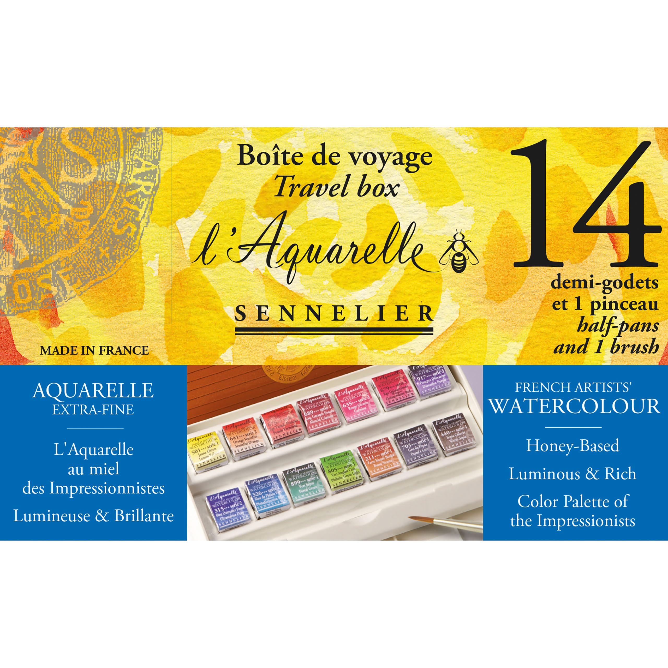 Sennelier - Aquarelle Sennelier Boîte voyage de 14 demi-godets entiers + 1 pinceau