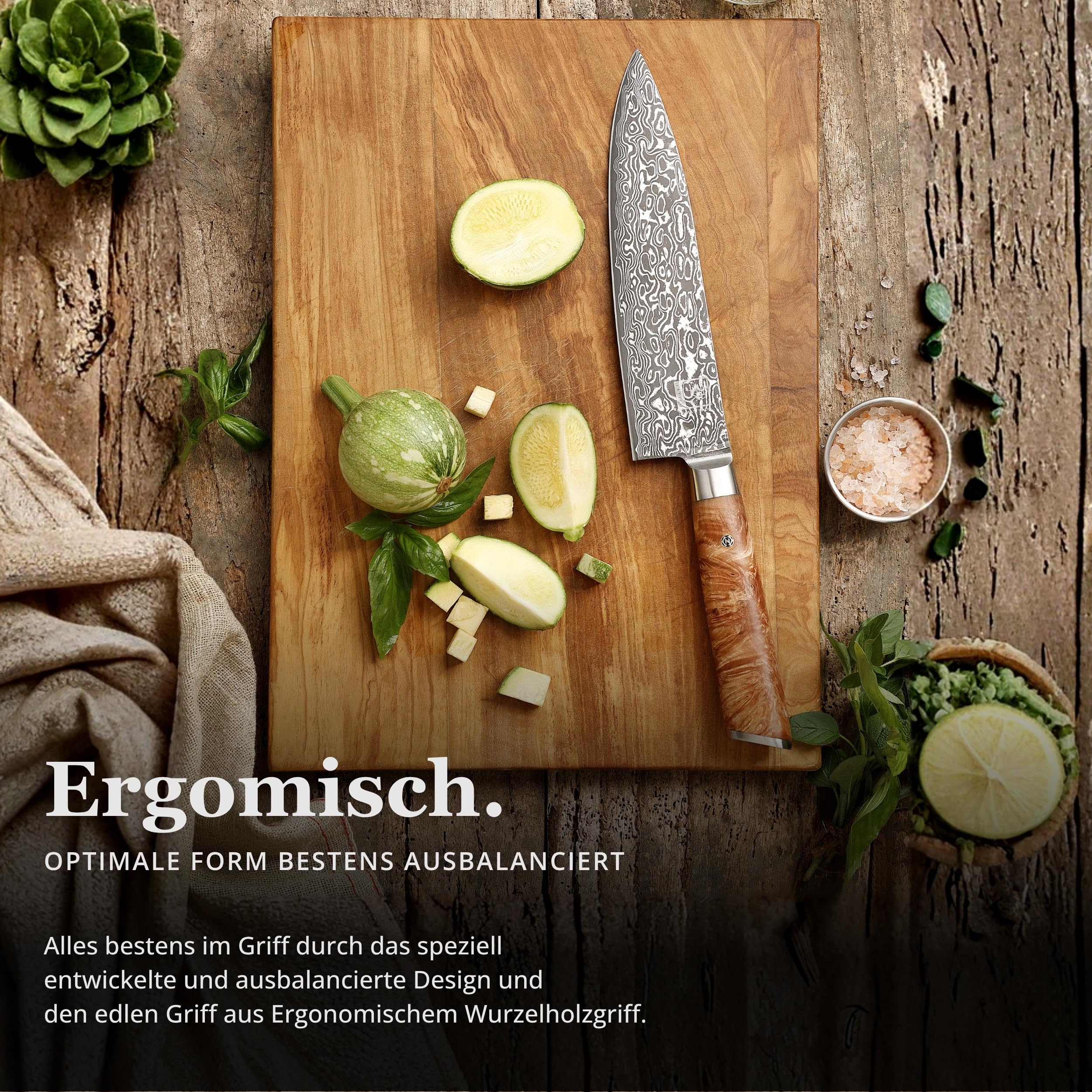 zayiko Kinone Premium Chefmesser mit 20 cm Klinge gefertigt aus 67 Lagen echtem Damaststahl mit Wurzelholzgriff Birke I Damastmesser Küchenmesser und Profi Kochmesser