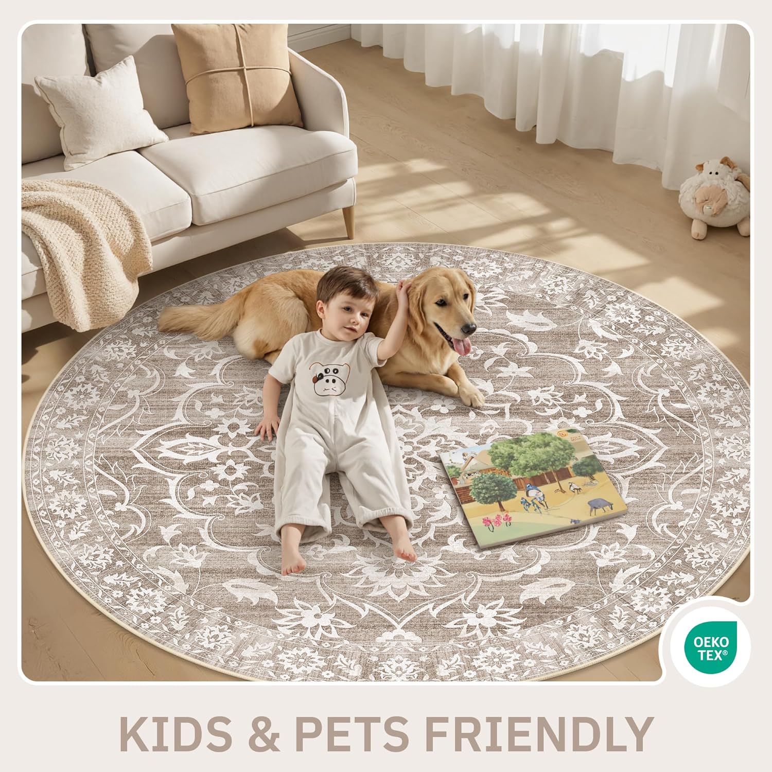 Washable Round Rug 9ft for Living Room, Soft Ultra-Thin Non-Slip Vintage Floral Circle Area Rug, 9x9 Round Throw Carpet for Dining Room Nursery Bedroom Kitchen (Light Brown, 9'Round)