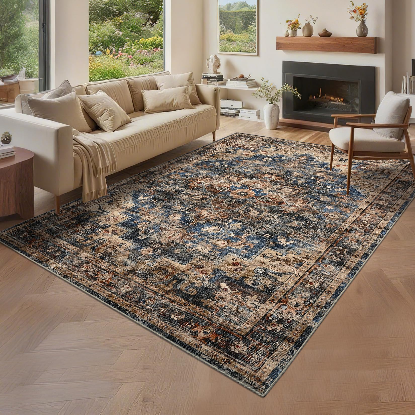 GarveeHome 8x10 Washable Vintage Living Room Area Rug: Vintage Machine Washable Area Rug for Living Room Indoor Large Non-Slip Bedroom Carpet Low Pile