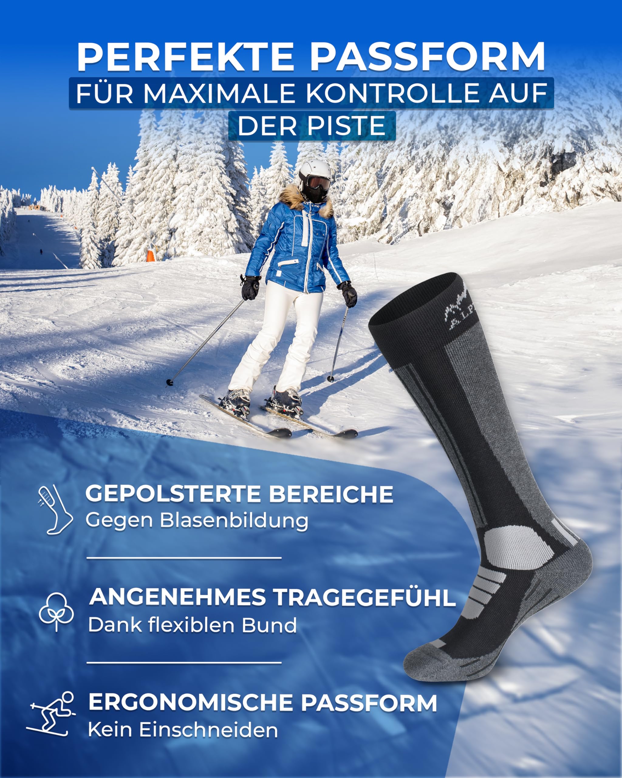 Alpenwert MERINO Calze da sci [2 PAAR] per uomo, donna e bambino, 35-38, 39-42, 43-46 calde, calze da sci invernali