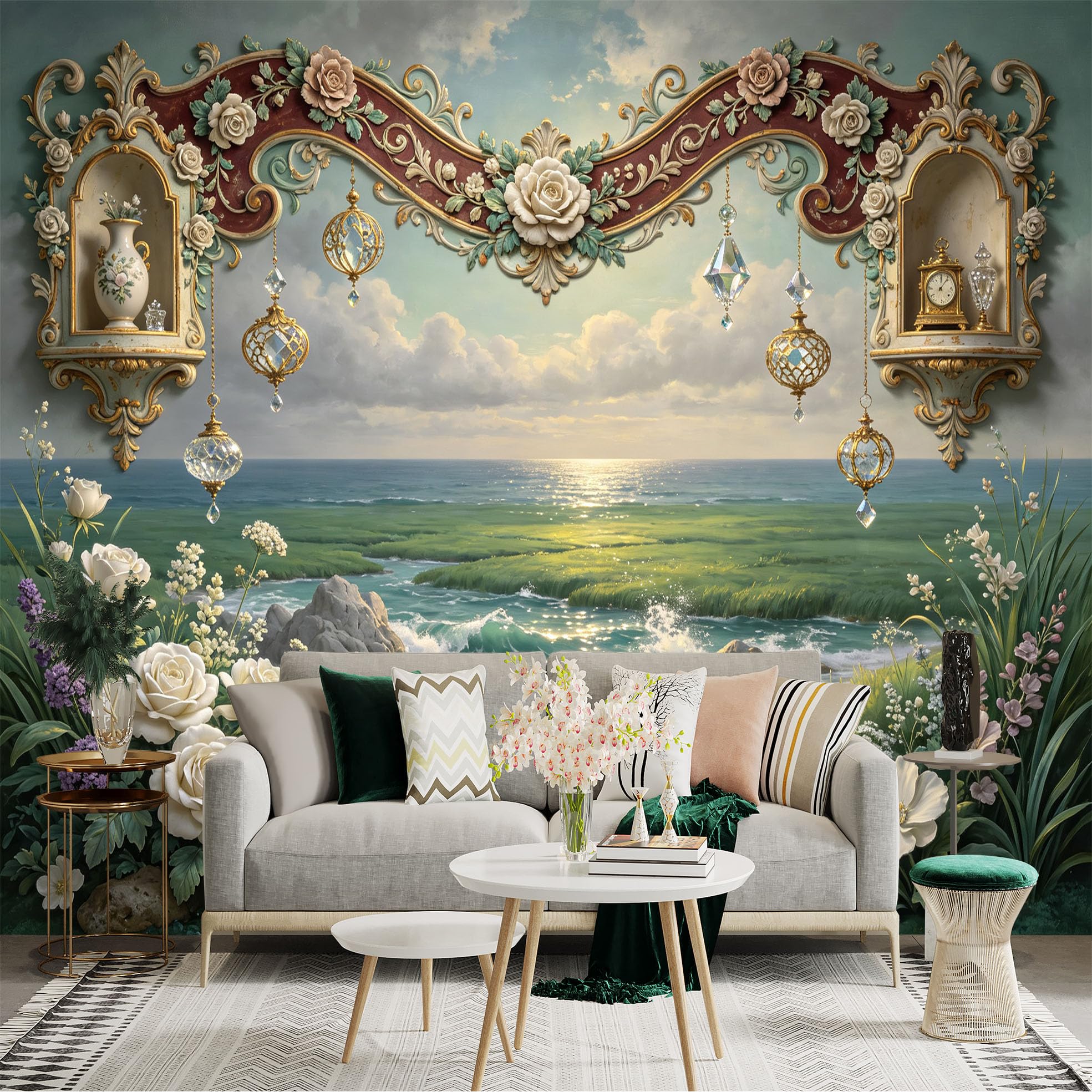 Lnzczhyre Bh260719781 Custom Size Wall Sticker Mural， Baroque Floral Archway， Coastal Seascape， Romantic Vintage Garden， Crystal Ornaments， For Wall Decoration， Peelandstick Wall Decals.