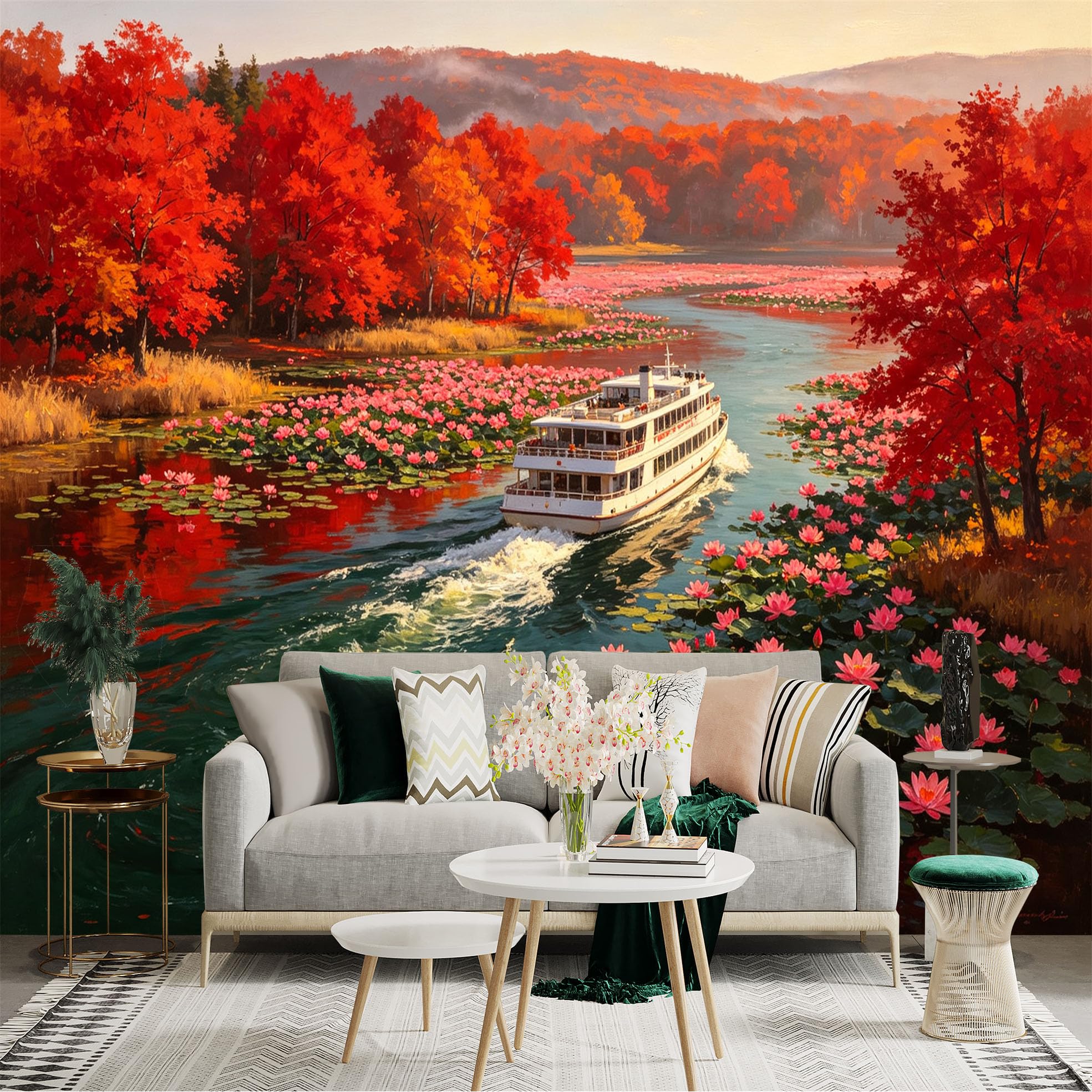 Custom Size Wall Sticker Mural， Cruise Ship on River， Vibrant Autumn Foliage， Pink Water Lilies， Scenic Nature Landscape， for wall Decoration， peelandstick wall Decals.