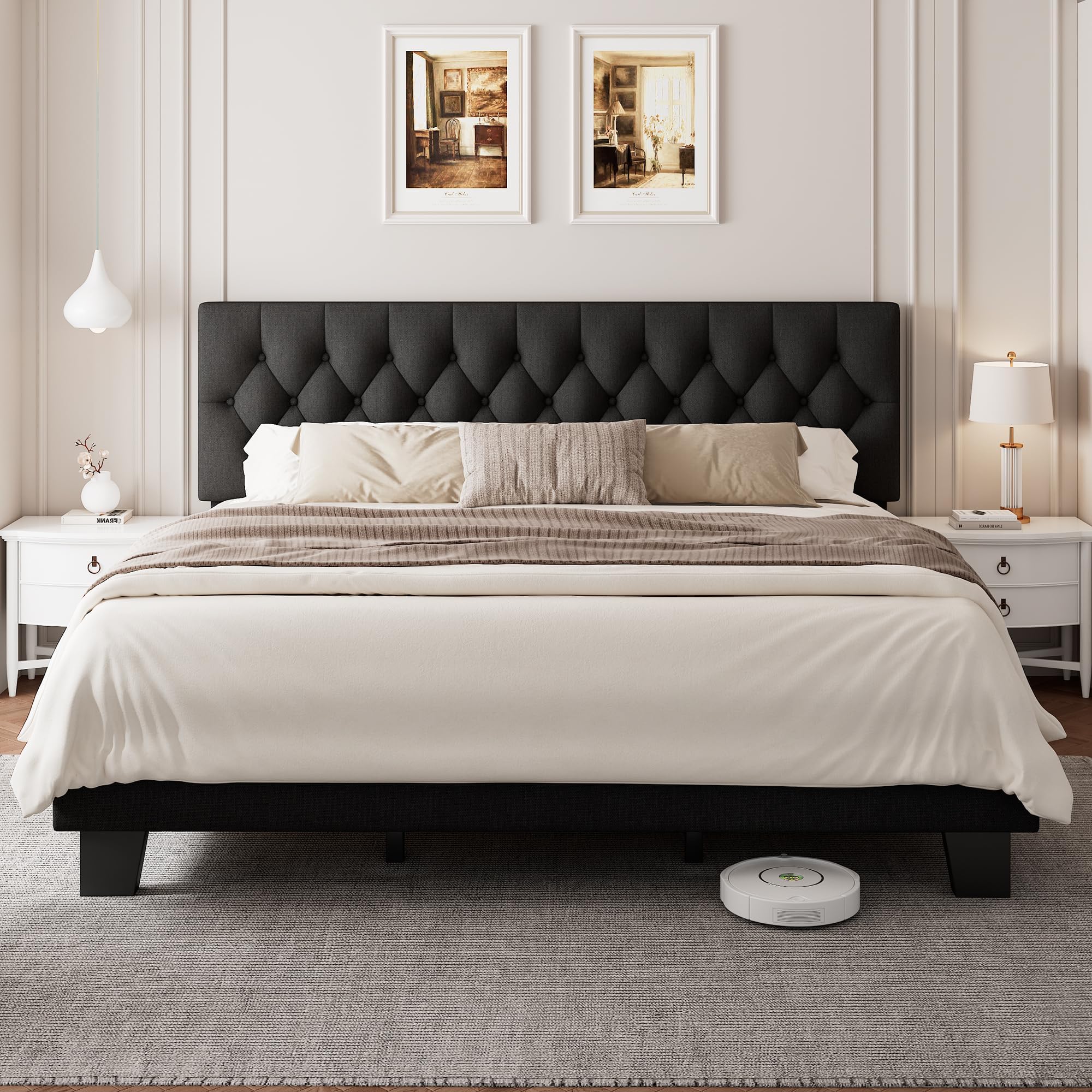 King Upholstered Bed Frame with Headboard, Button Tufted Linen Bed Base, Platform Bed with Heavy Duty Wood Slat Support, Noise Free, Easy Assembly, No Box Spring Needed, Black