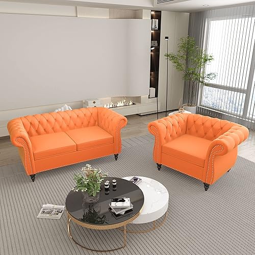 Miniatura 43 de QHITTY Juego de 2 piezas para sala de estar, Sofá Seccional Chesterfield Silla Contemporáneo Tapizado de Terciopelo Loveseat Juego de Sofás para