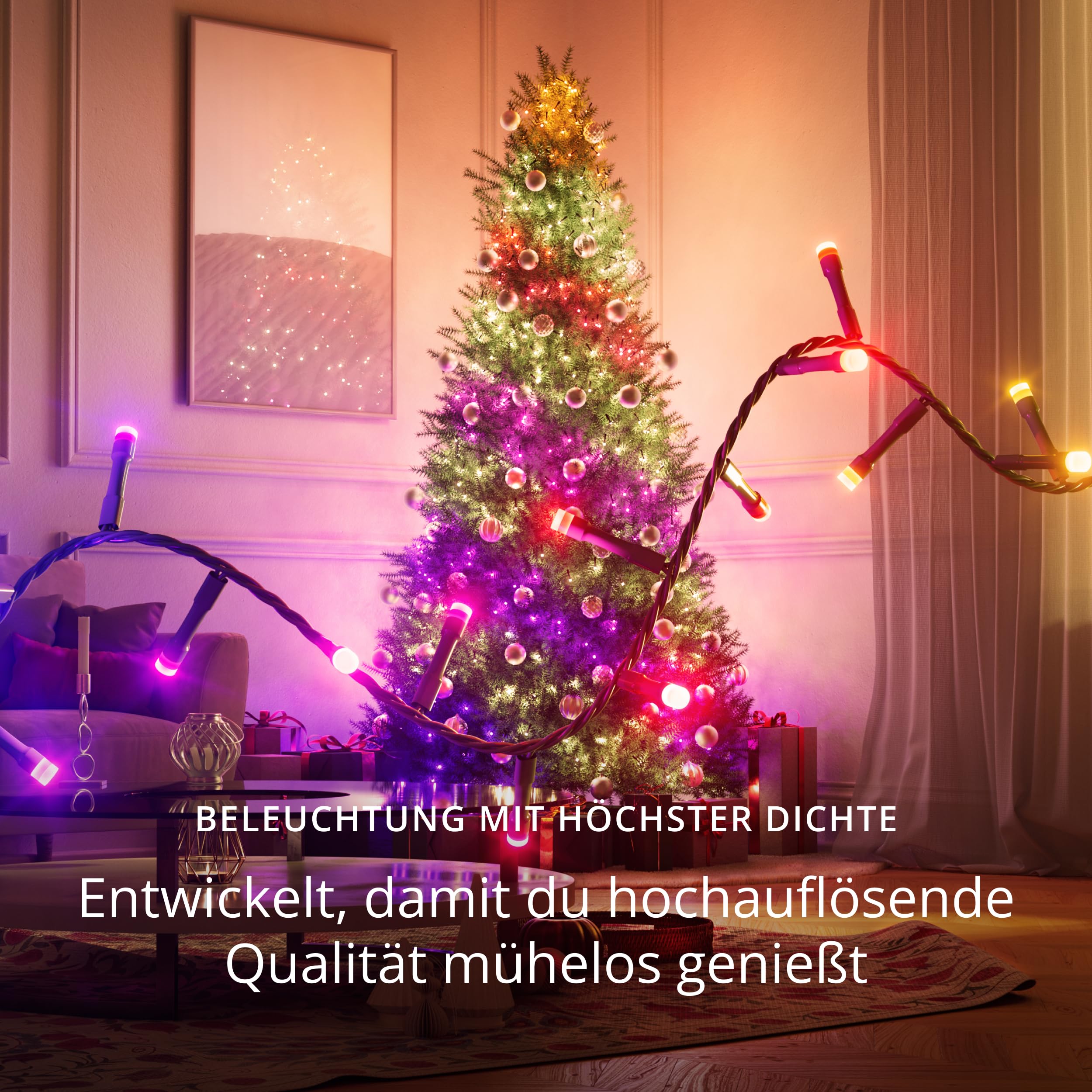 Twinkly Strings HD 700 Smart RGB+W LEDs, 38,5 Meter, Grüne Leitung, Weihnachtsbeleuchtung für Innen- und Außenbereich