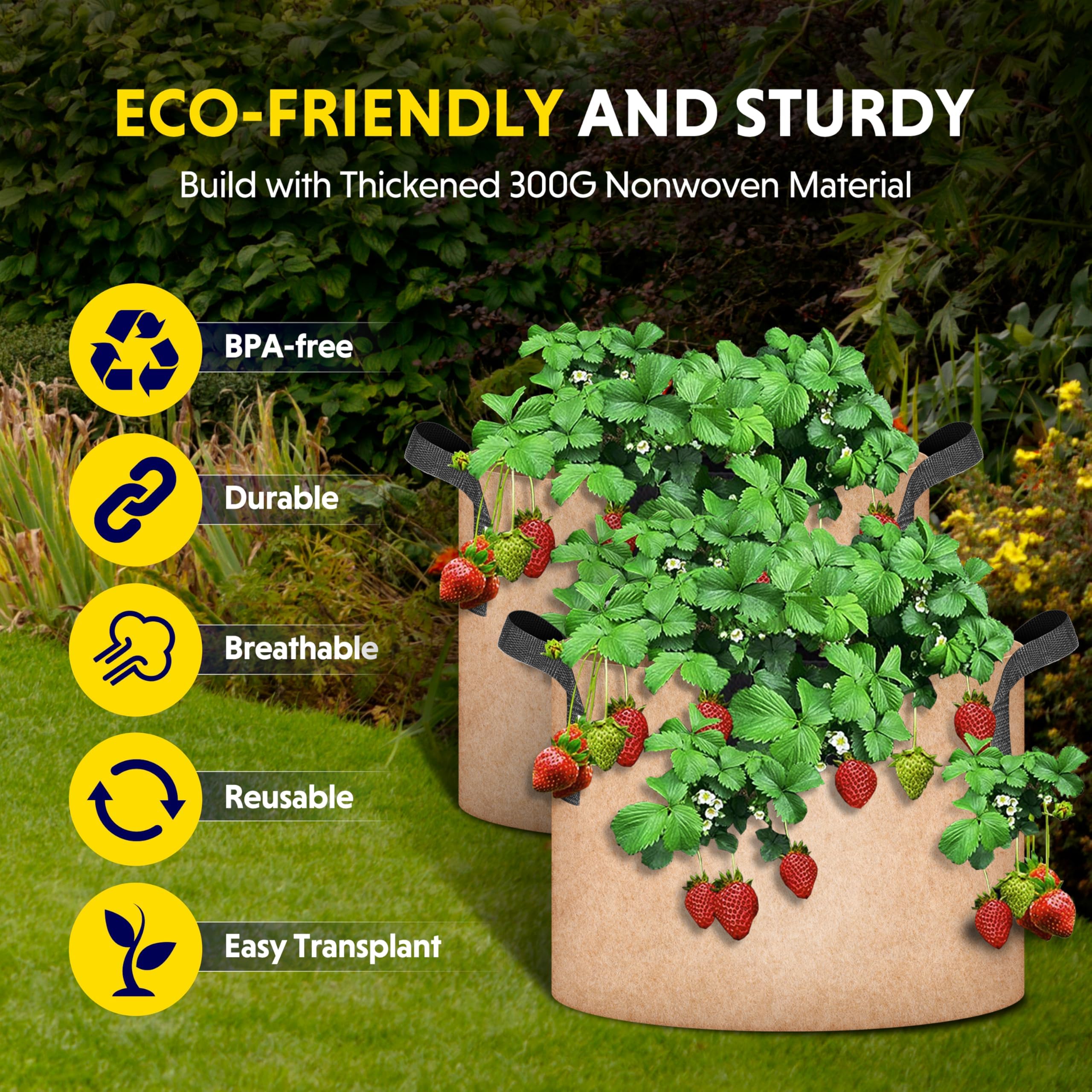 Simple Deluxe Con Asas, Bolsa no Tejida Gruesa Resistente con 6 Etiquetas para Plantas, 7 galones, 12 Unidades