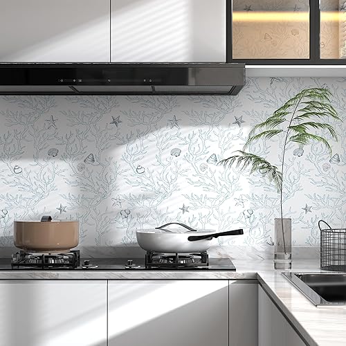 Miniatura 5 de Papel tapiz para despegar y pegar, papel tapiz costero de 17.3 x 197 pulgadas, papel tapiz blanco y azul claro del océano, estrellas de mar de