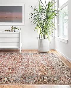 Loloi Layla Collection LAY-02 Spice/Marine 7&#39;-6&#34; x 9&#39;-6&#34; .13&#34; Thick Area Rug, Soft, Durable, Vintage Inspired, Distressed, Low Pile, Non-Shedding, Easy Clean, Printed, Living Room Rug