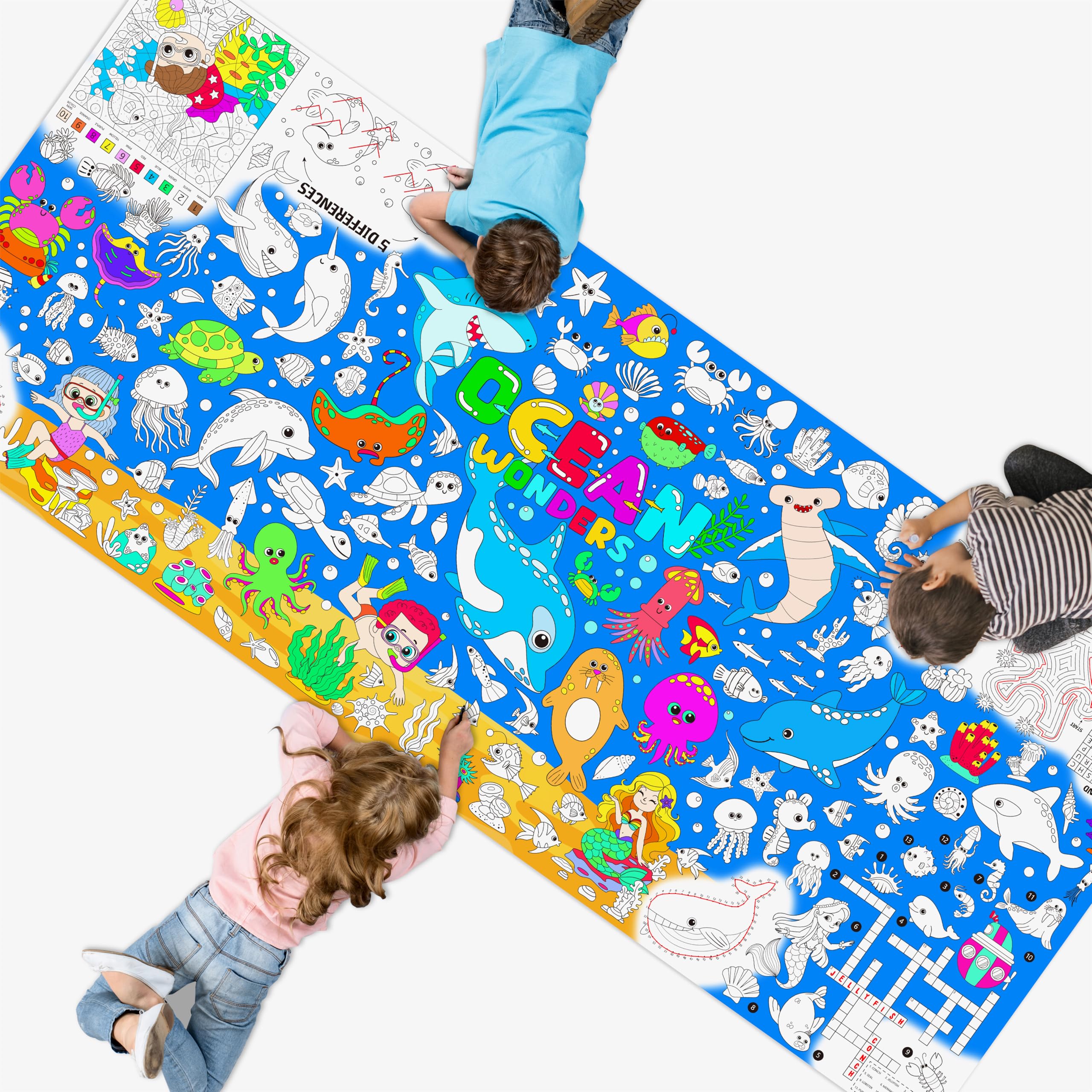 Ocean Coloring Poster, Large Coloring Activity Paper 75” x 31” Jumbo Size Blue Sea-themed Paper DIY Painting Drawing Banner/Tablecloth for School, Wall Decor