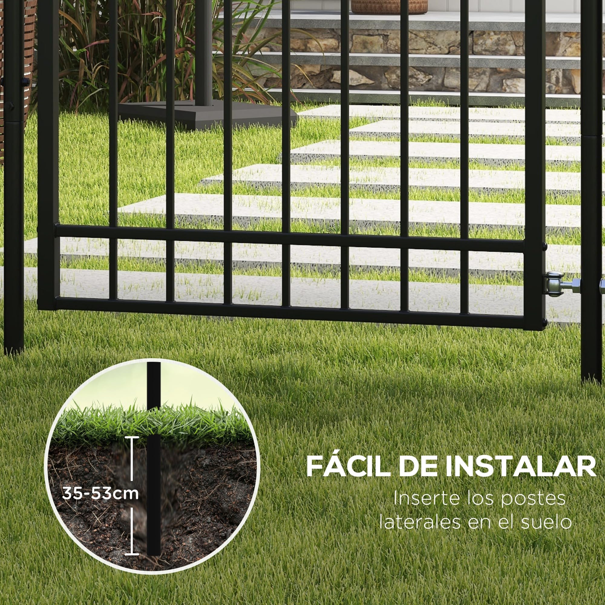 Outsunny Puerta de Jardín Puerta para Valla de Acero Galvanizado con Decoración de Flechas Cerradura y Llaves Puerta para Exterior Patio 107x204 cm Negro