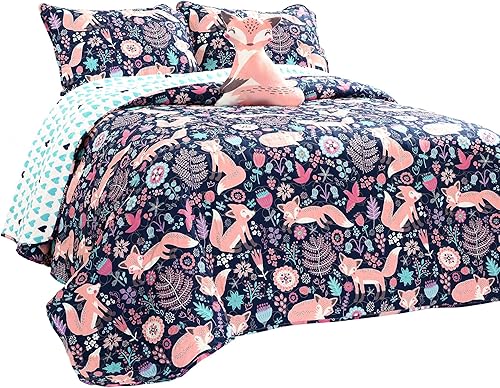 Miniatura 4 de Lush Decor Pixie Fox - Juego de edredón reversible, juego de 4 piezas, FullQueen, azul marino y rosa, ropa de cama individual ligera y divertida