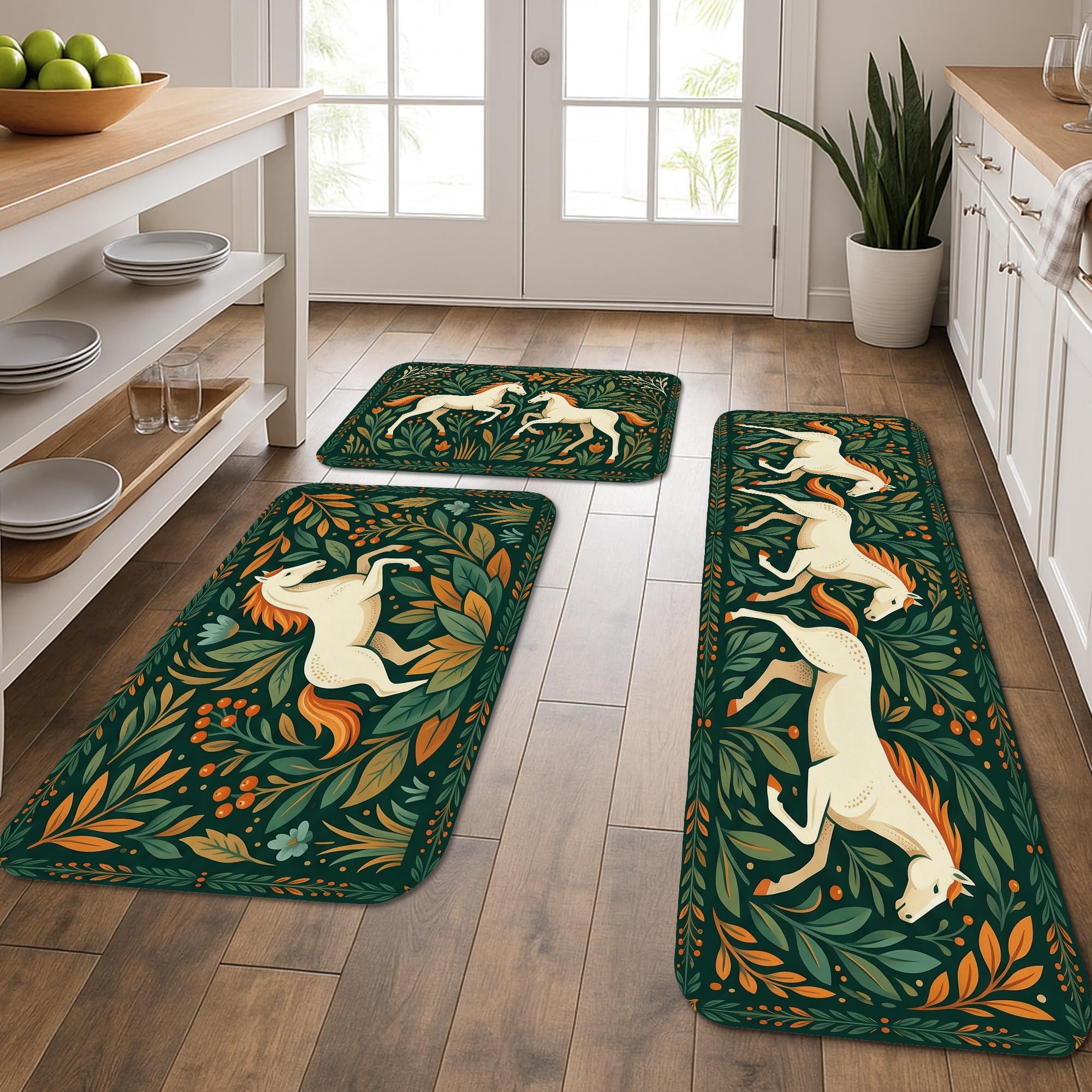 Tapis de cuisine à motif floral et feuilles vertes doux et lavables x3