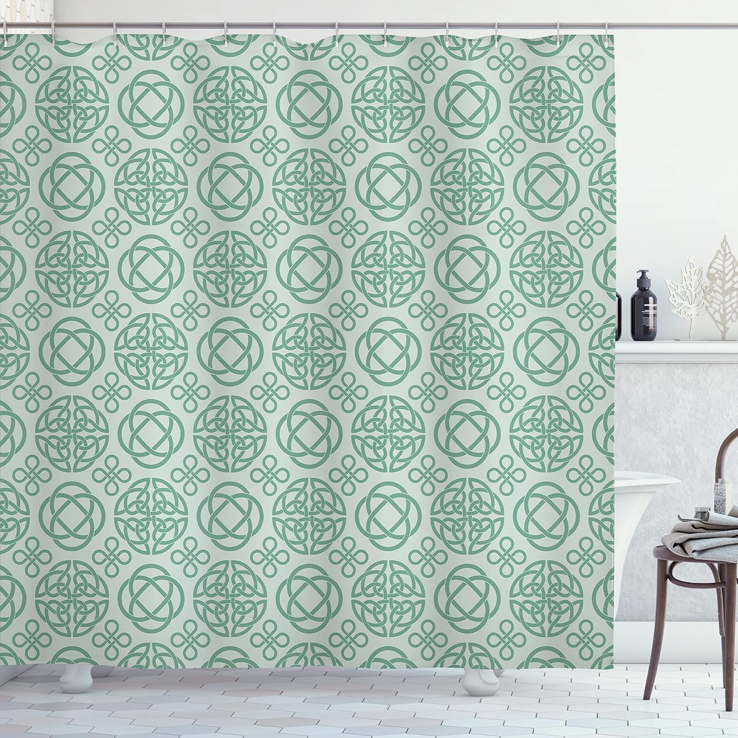 Ambesonne Celtic Shower Curtain, Retro Tribal Circle Knots Eternity Forms Pattern Boho Ireland Irish Floral Artwork, Cloth Fabric Bathroom Decor Set with Hooks, 69" W x 70" L, Reseda Green