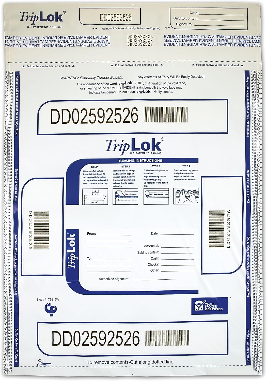 ControlTek TripLok 12 x 16, White, 100 Bags, Tamper-Evident Deposit Bags for Cash Handling & Valuables, Moisture, Heat and Cold Sensitive Ink, Tear-off receipt + Large Barcodes 585043