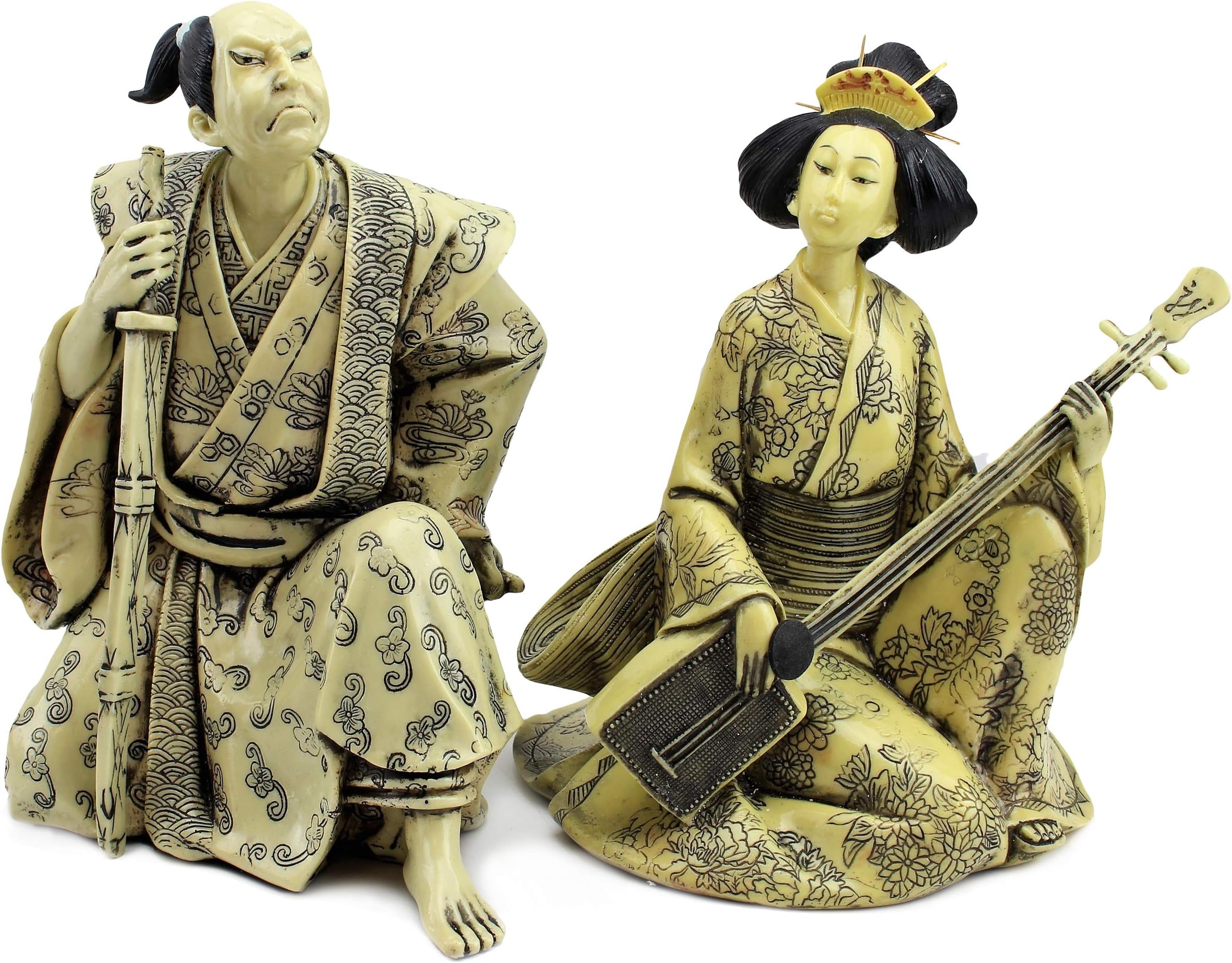Japanese Okimono Geisha Figurine 芸者 げいしゃ and Samurai Warrior Bushi 武士 ぶし侍 Figurine Statue Set in Faux Ivory for Home Office Desktop Table Decor G16656 G16657 ~ WPYST