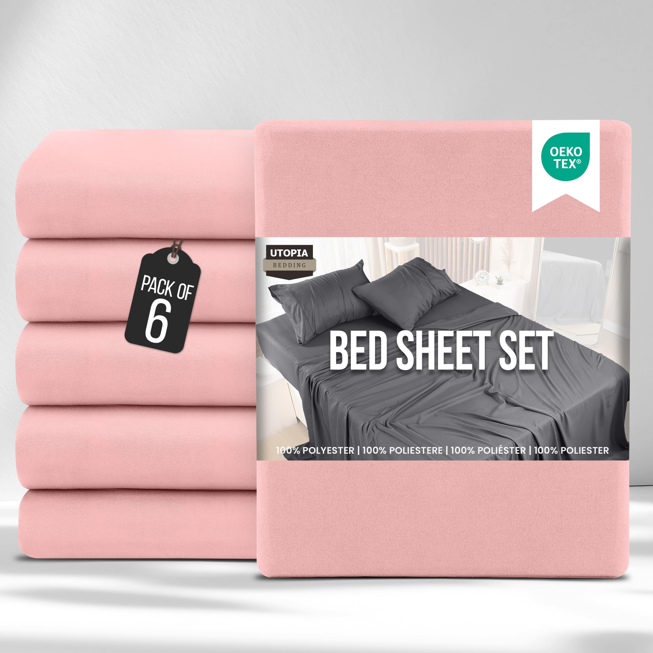 Utopia Bedding Bed Sheets Set Bulk Pack of 6 (King, Pink) – Fitted Sheet, Flat Sheet with Pillow cases 50x75 – Wrinkle, Shrinkage & Fade Resistant – Soft Brushed Polyester Microfiber Fabric