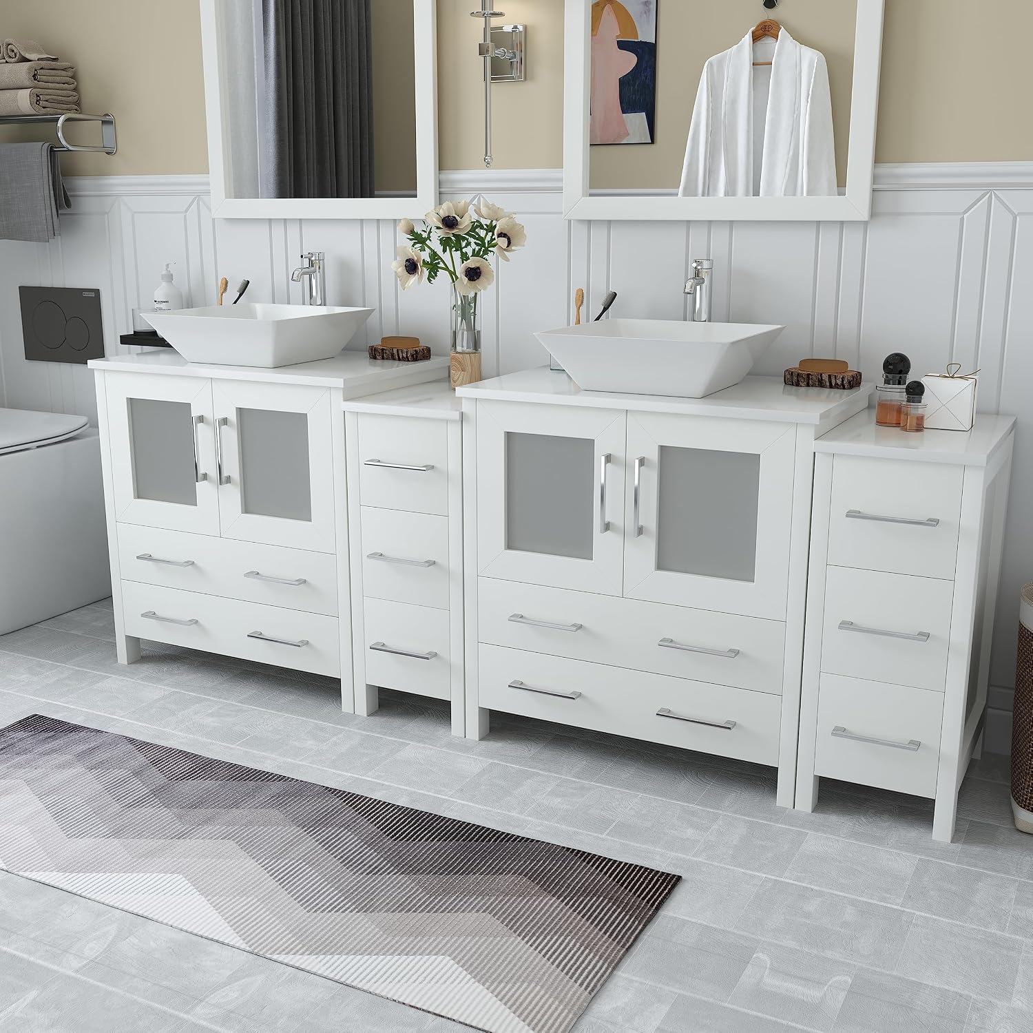 Vanity Art 84 Inch Vessel Double Sink Bathroom Vanity Cabinet with 2 Mirrors, Engineered Marble Top Bathroom Cabinet Compact Set with 10 Dovetail Drawers and Soft Closing Doors, VA3130-84-W